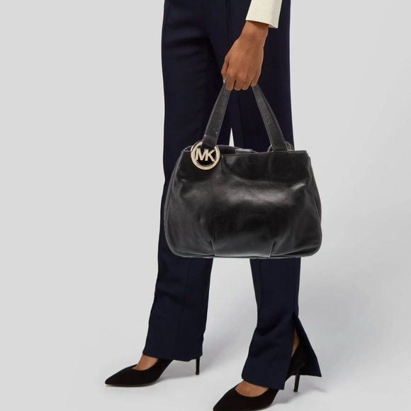 Michael Michael Kors Womens Pebbled Leather Top Handle Logo Tote Handbag Black - Picture 2 of 16